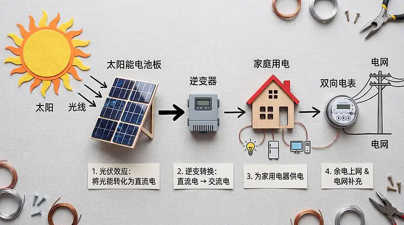 太阳能工作原理的自制信息图