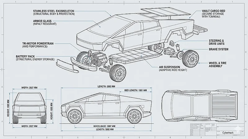cybertruck的标准三视技术图
