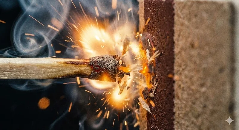 火柴头在火柴盒上摩擦的超微距照片