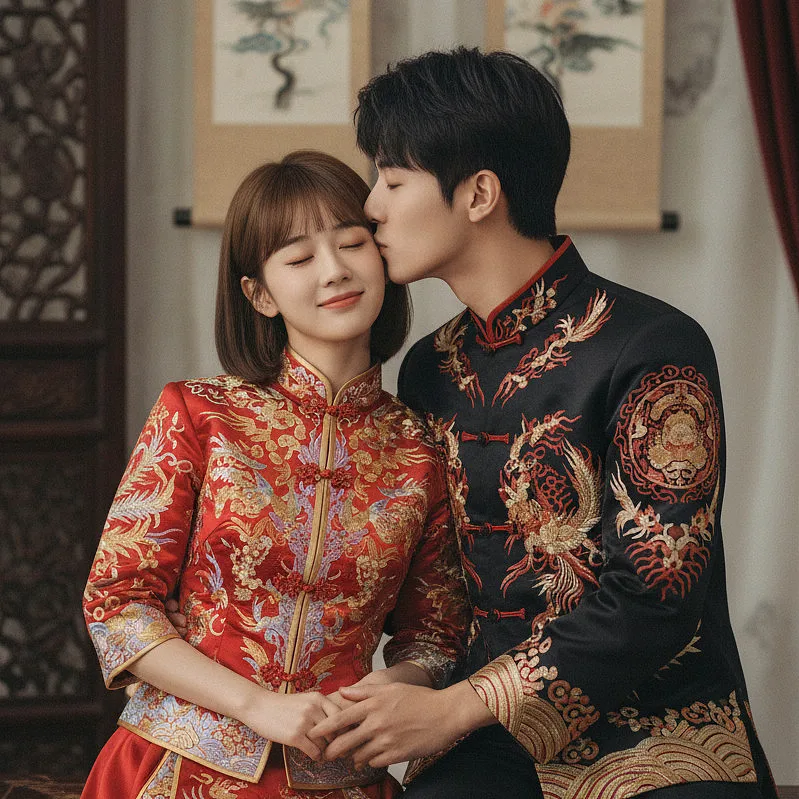 情侣双人写真 · 中式婚纱，侧身亲吻