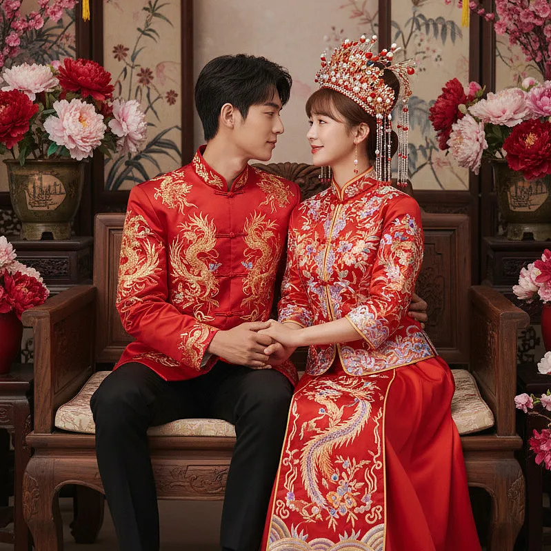 情侣双人写真 · 中式婚纱，坐姿对视