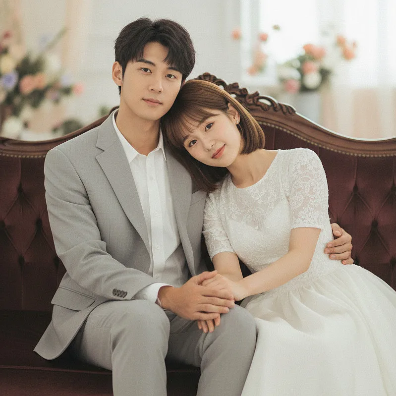 情侣双人写真 · 西式婚纱，坐在沙发上依偎