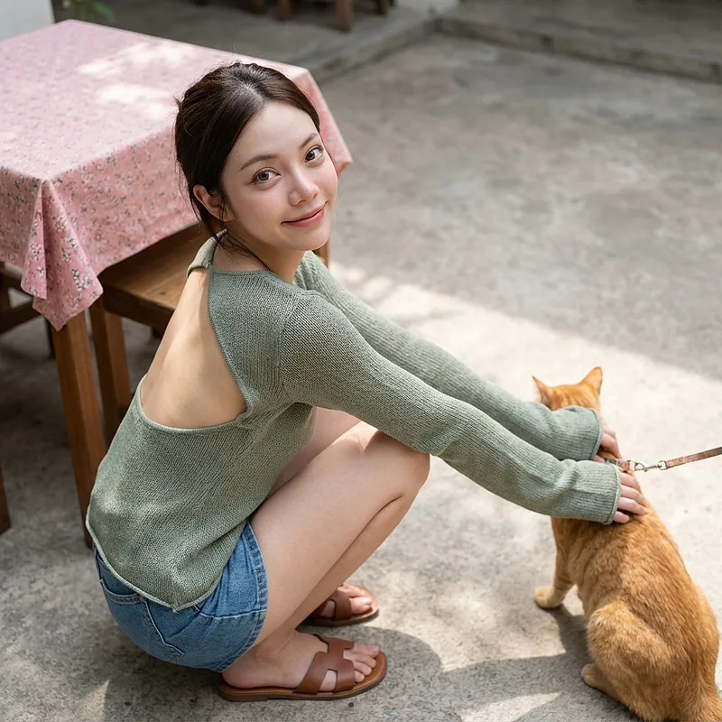 女生写真 · 蹲坐在水泥地逗猫