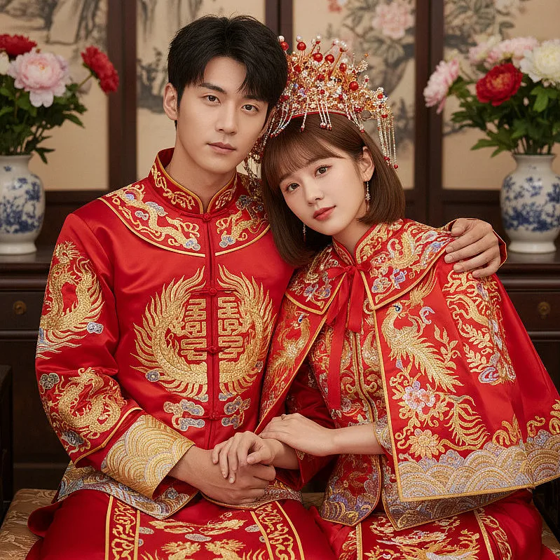 情侣双人写真 · 中式婚纱，靠肩拥抱