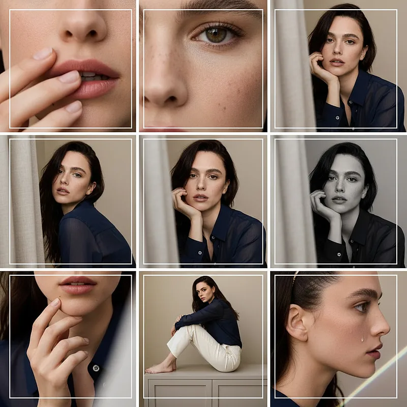 单人半身肖像、证件照 · 干净柔和的 3x3 照片网格