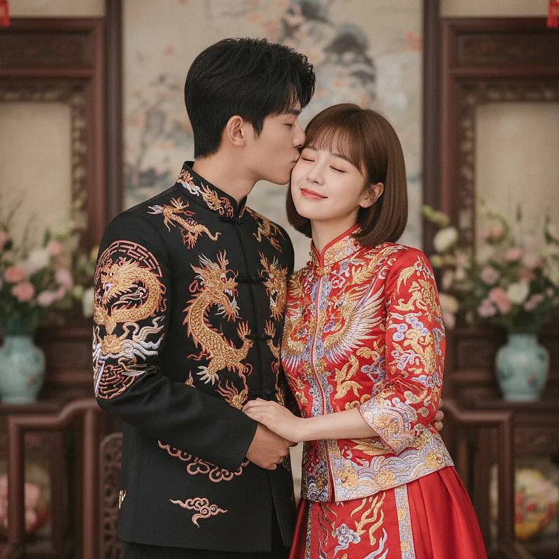 情侣双人写真 · 中式婚纱，侧身亲吻