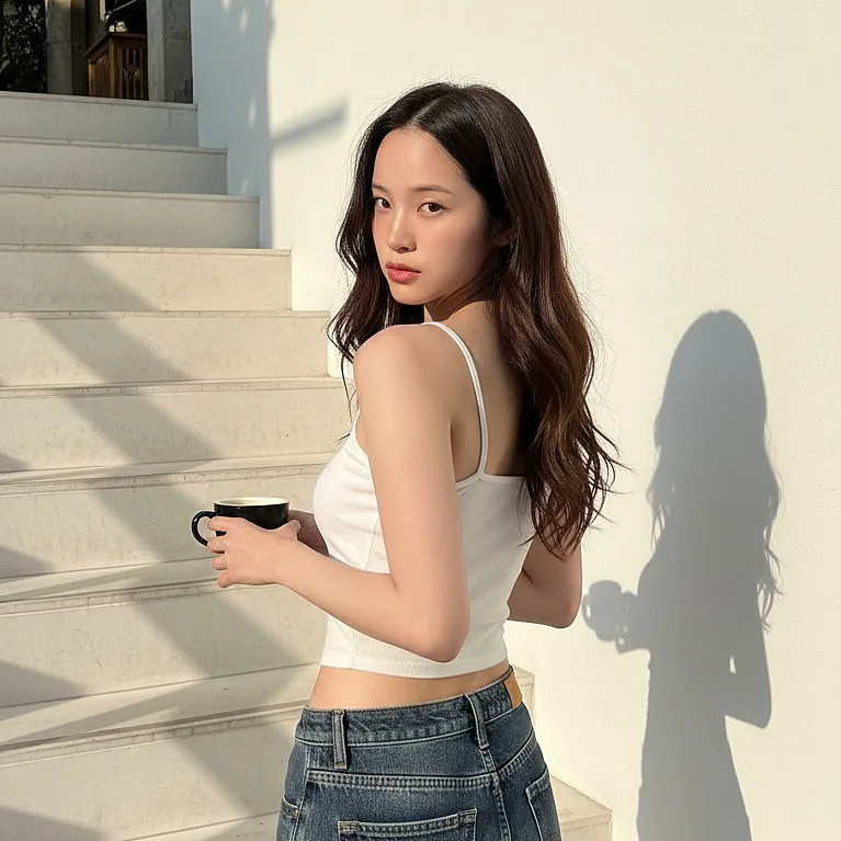 通用写真 · 白背心+牛仔裤