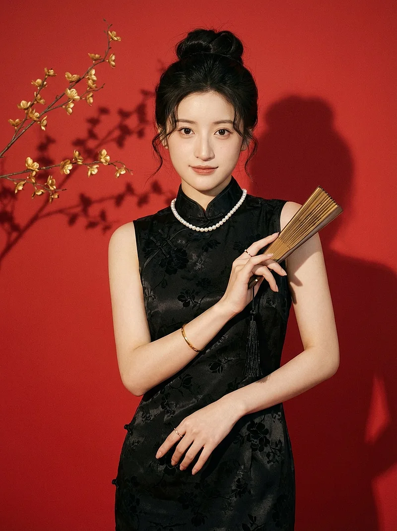 红墙黑旗袍写真